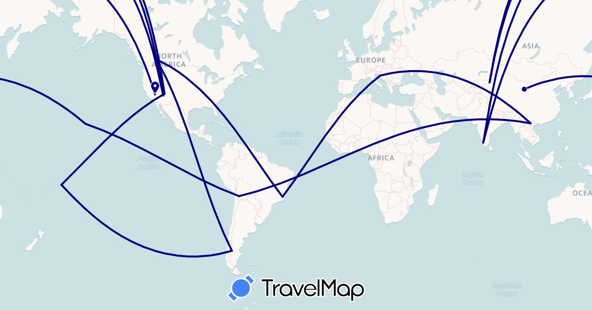 TravelMap itinerary: driving in Bolivia, Brazil, Canada, Chile, China, Croatia, India, United States, Vietnam, Samoa (Asia, Europe, North America, Oceania, South America)